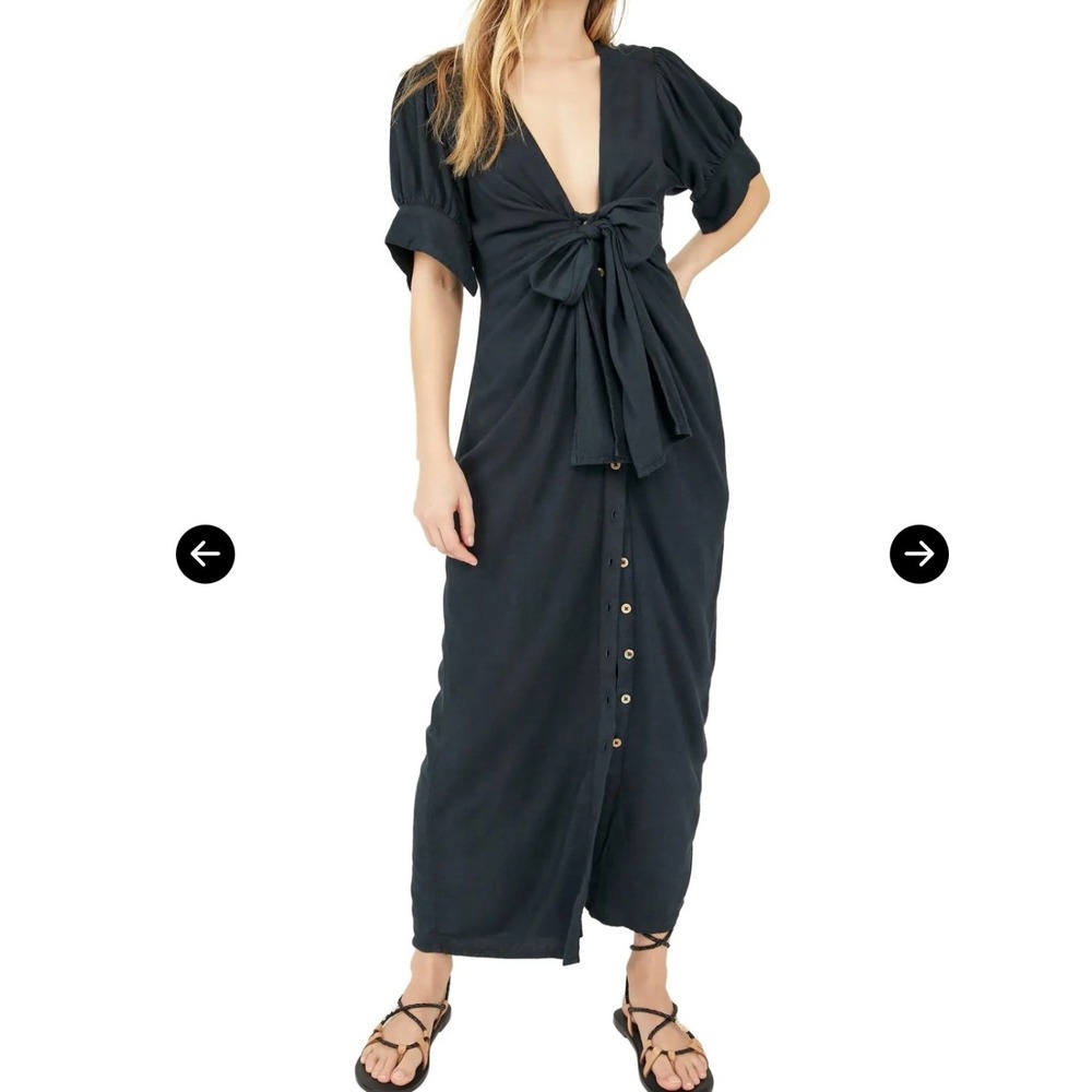 Free People Black Tie Front Puff Sleeve Midi Shirt Dress XS Boho Minimalist